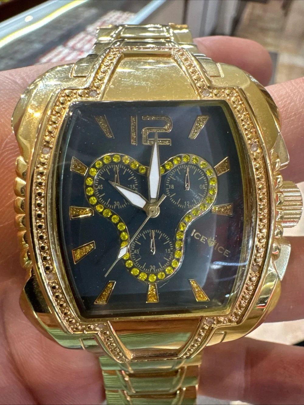 Ice Ice Gold Tone Diamond Watch Tonneau Case Not Working Double Push Clasp
